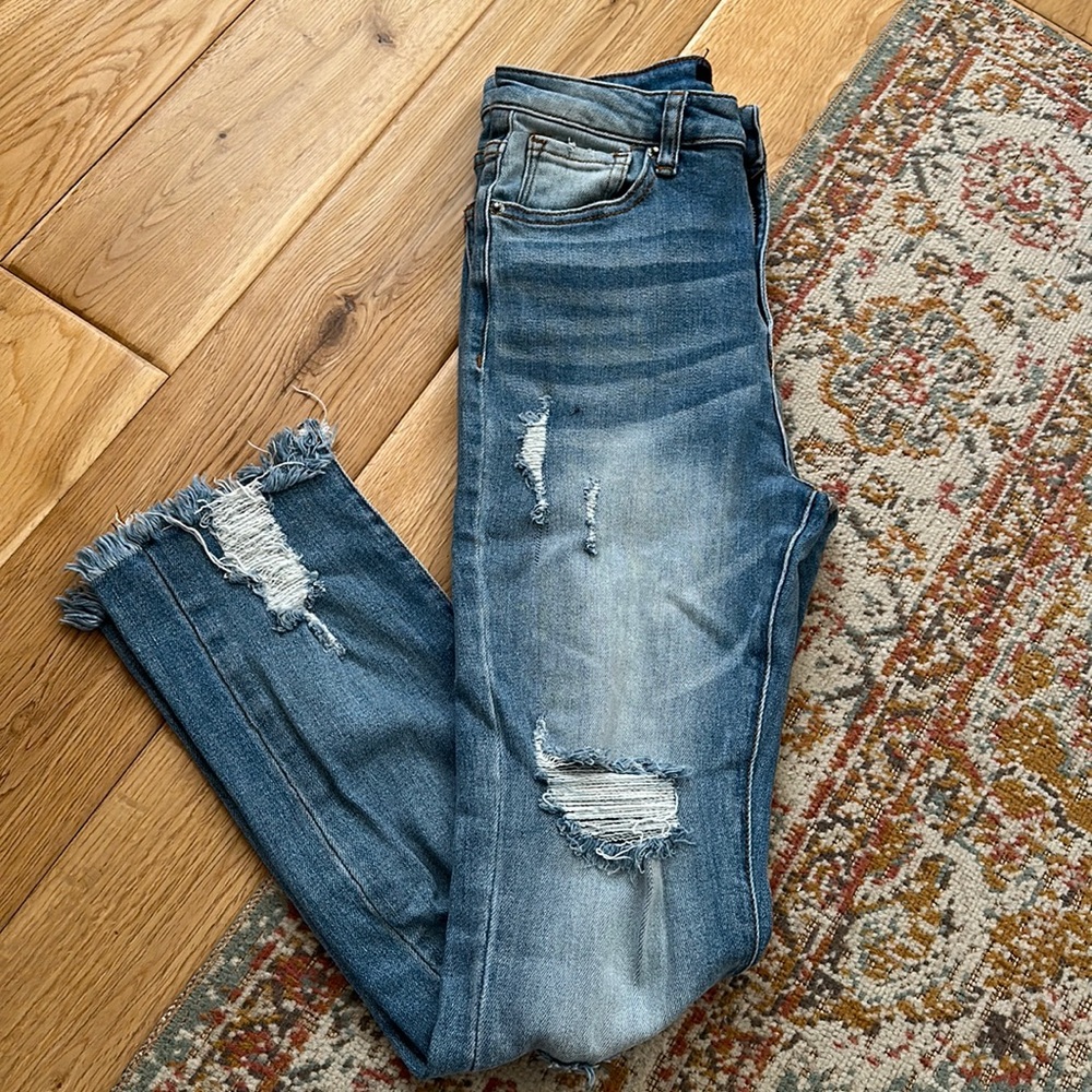 RISEN Distressed Cropped Raw Hem Jeans